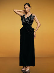 Spaghetti Flower Velvet Maxi Dress