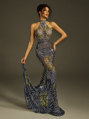 Robe longue sirène en maille cristal
