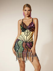 Robe courte à franges en losanges et spaghetti