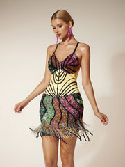 Robe courte à franges en losanges et spaghetti