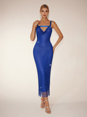 Robe midi dos nu en résille strassée