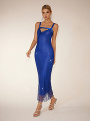 Robe midi dos nu en résille strassée