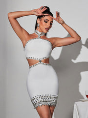 Robe bandage mini en strass et coquillage