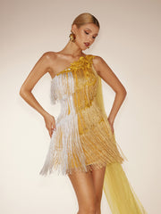 One Shoulder Fringe Draped Mini Dress