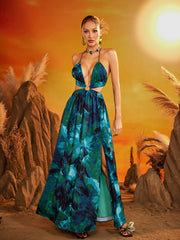 Robe maxi imprimée à col halter et découpes