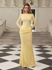 Robe maxi froncée à manches longues jaune beurre