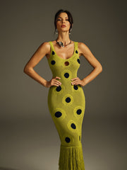 Robe midi en maille à pois et franges