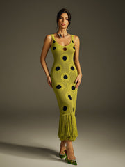 Robe midi en maille à pois et franges