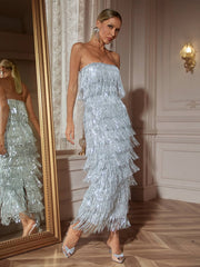 Robe midi bustier à franges et sequins