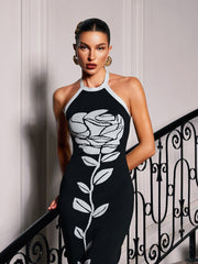 Halterneck Flower Bandage Midi Dress