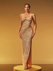 Robe maxi fendue sans manches à sequins