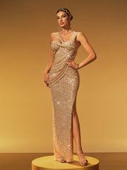 Robe maxi fendue sans manches à sequins