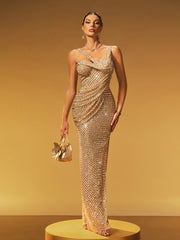 Robe maxi fendue sans manches à sequins