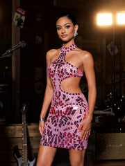 Acrylic Embellished Cutout Mini Dress