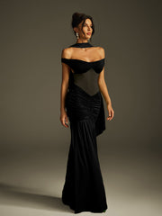Robe longue froncée à col licou en noir