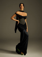 Robe longue froncée à col licou en noir