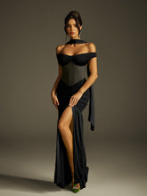 Robe longue froncée à col licou en noir