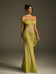 Robe longue froncée à col halter