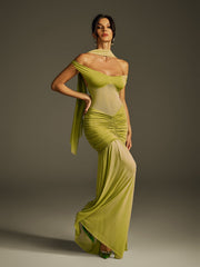 Robe longue froncée à col halter