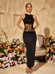 Robe midi dos nu en dentelle noire