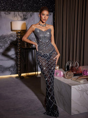 Robe longue bustier en résille strassée