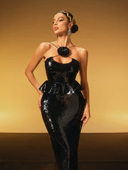 Robe longue à sequins et fleurs à spaghetti