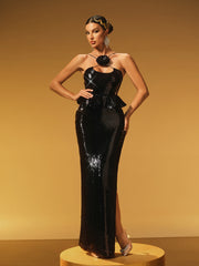 Robe longue à sequins et fleurs à spaghetti