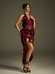 Halterneck Flower Mesh Midi Dress In Wine