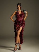 Halterneck Flower Mesh Midi Dress In Wine
