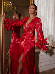 Robe maxi fendue et froncée à manches longues