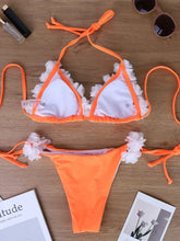 Handmade 3D Flower Wrap-Neck Tie Triangle Bottom Orange Bikini for Small Breasts, Lifts and Slims