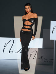 Robe maxi épaules dénudées à strass et découpes