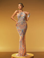 Robe longue en maille imprimée ornée