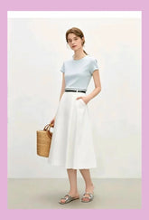 High-quality stretch cotton solid color T-shirt, early basic style, slim fit, round neck, short sleeve, versatile for eve
