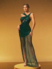 Robe maxi fendue en résille strass