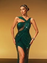 Robe maxi fendue en résille strass