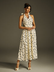 Halterneck Bow Split Dot Midi Dress