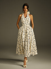 Halterneck Bow Split Dot Midi Dress