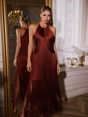 Robe longue bustier à franges et col halter