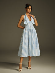 Robe midi rayée à col licou et nœud