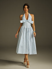 Robe midi rayée à col licou et nœud