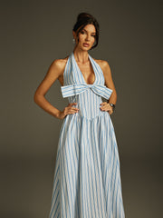 Robe midi rayée à col licou et nœud