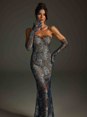 Robe longue bustier en dentelle florale bleu marine