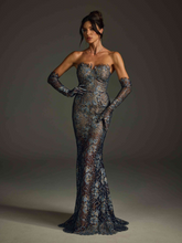 Strapless Lace Floral Maxi Dress In Navy