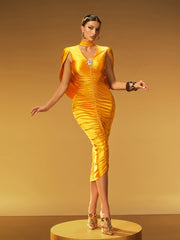 Robe midi froncée à col en V