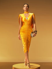 Robe midi froncée à col en V
