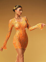 Robe mini à manches longues et découpes en strass