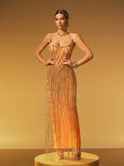 Robe longue bustier en maille à franges et chaînes