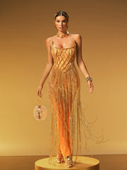 Robe longue bustier en maille à franges et chaînes