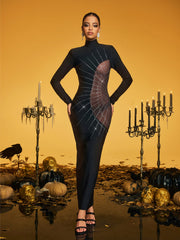 Robe longue bandage à strass et toile d'araignée